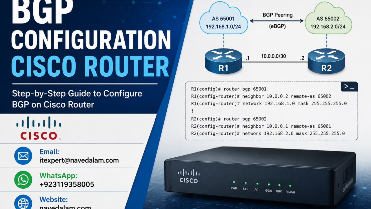 BGP configuration Cisco router — eBGP and iBGP peering topology showing edge router connecting to two ISPs with dual-ISP BGP configuration and internal iBGP session to second router