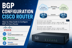 BGP configuration Cisco router — eBGP and iBGP peering topology showing edge router connecting to two ISPs with dual-ISP BGP configuration and internal iBGP session to second router