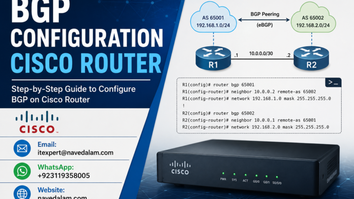 BGP configuration Cisco router — eBGP and iBGP peering topology showing edge router connecting to two ISPs with dual-ISP BGP configuration and internal iBGP session to second router