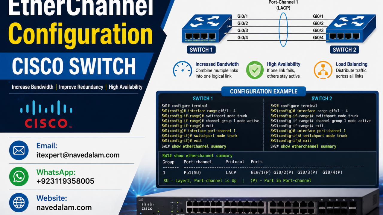 EtherChannel configuration Cisco switch — LACP and PAgP port-channel bundle diagram showing four member links aggregated into a single logical Port-Channel interface between two Cisco Catalyst switches