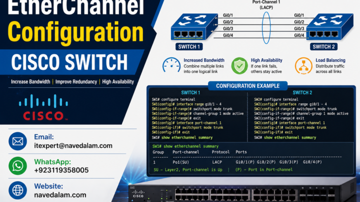 EtherChannel configuration Cisco switch — LACP and PAgP port-channel bundle diagram showing four member links aggregated into a single logical Port-Channel interface between two Cisco Catalyst switches